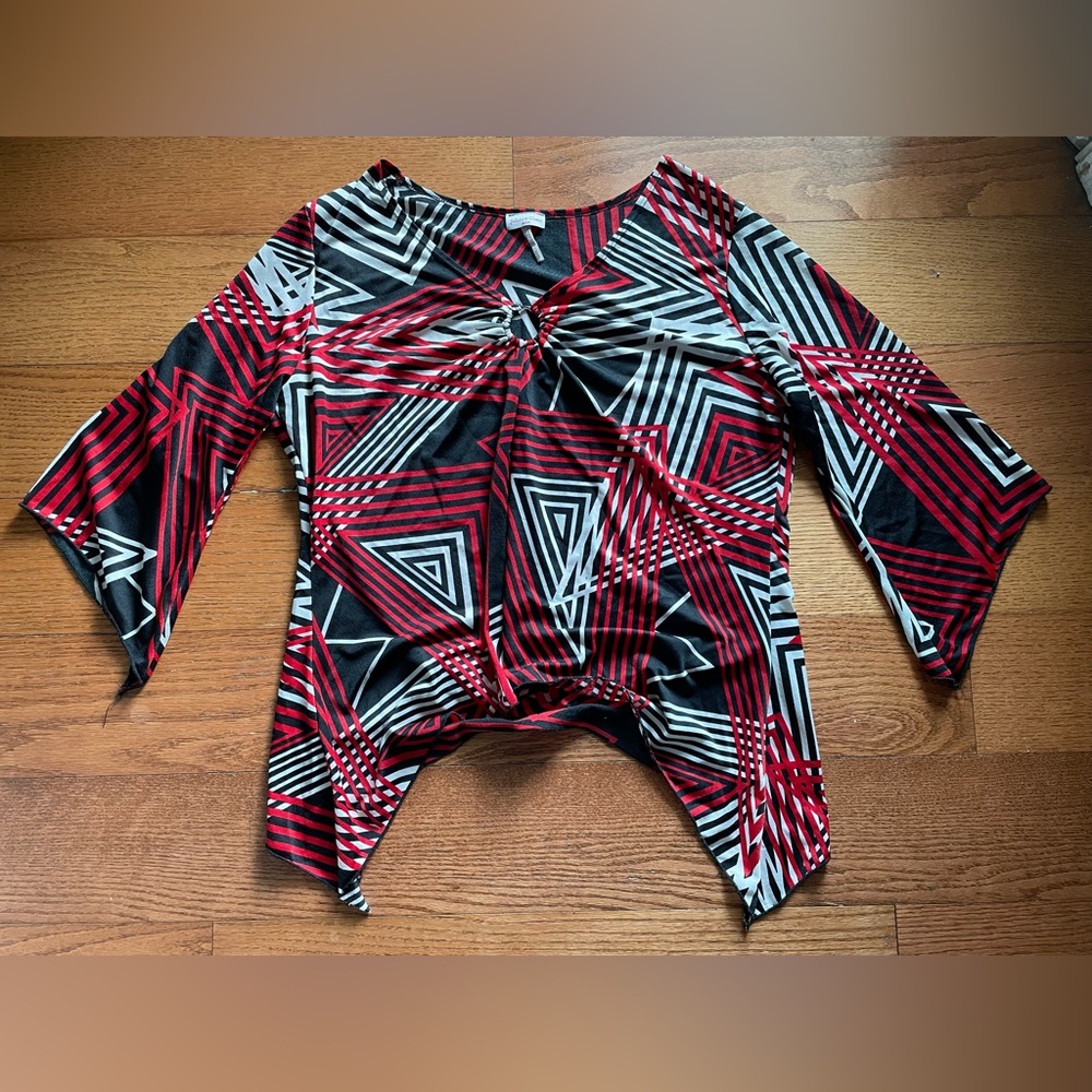 Y2K‎ Red Black Geometric O Ring Flare Sleeve Asymmetric Top 2X Office Siren Vamp